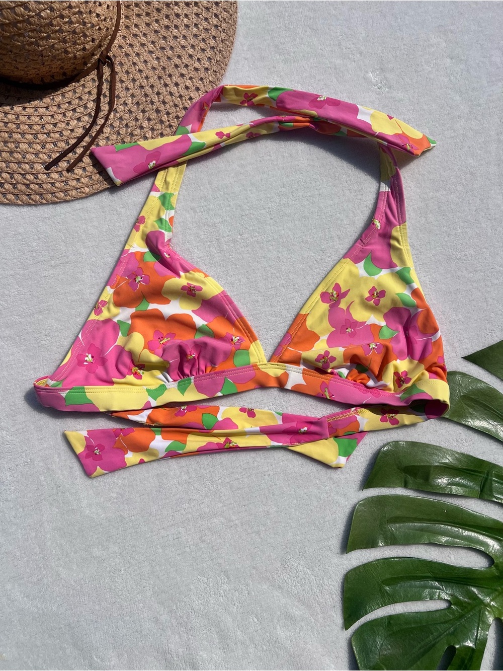 Lilly Pulitzer Floral Triangle Halter Bikini Top Medium Pink Yellow Orange Swim